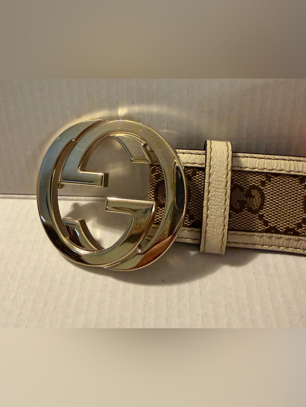 Gucci Cream Monogram Canvas Leather Interlocking G Buckle Belt 85/34 - Picture 3 of 6